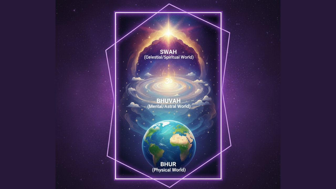 Artistic representation of the three Vedic realms: Earth, Atmosphere, and Heavens